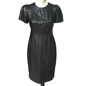 Calvin Klein Black Vegan Faux Leather Puff Sleeve Sheath Dress Siz 4 Knee Length